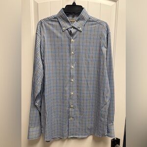Peter Millar Crown Sport Shirt Mens L Blue Plaid Long Sleeve Button Up Stretch